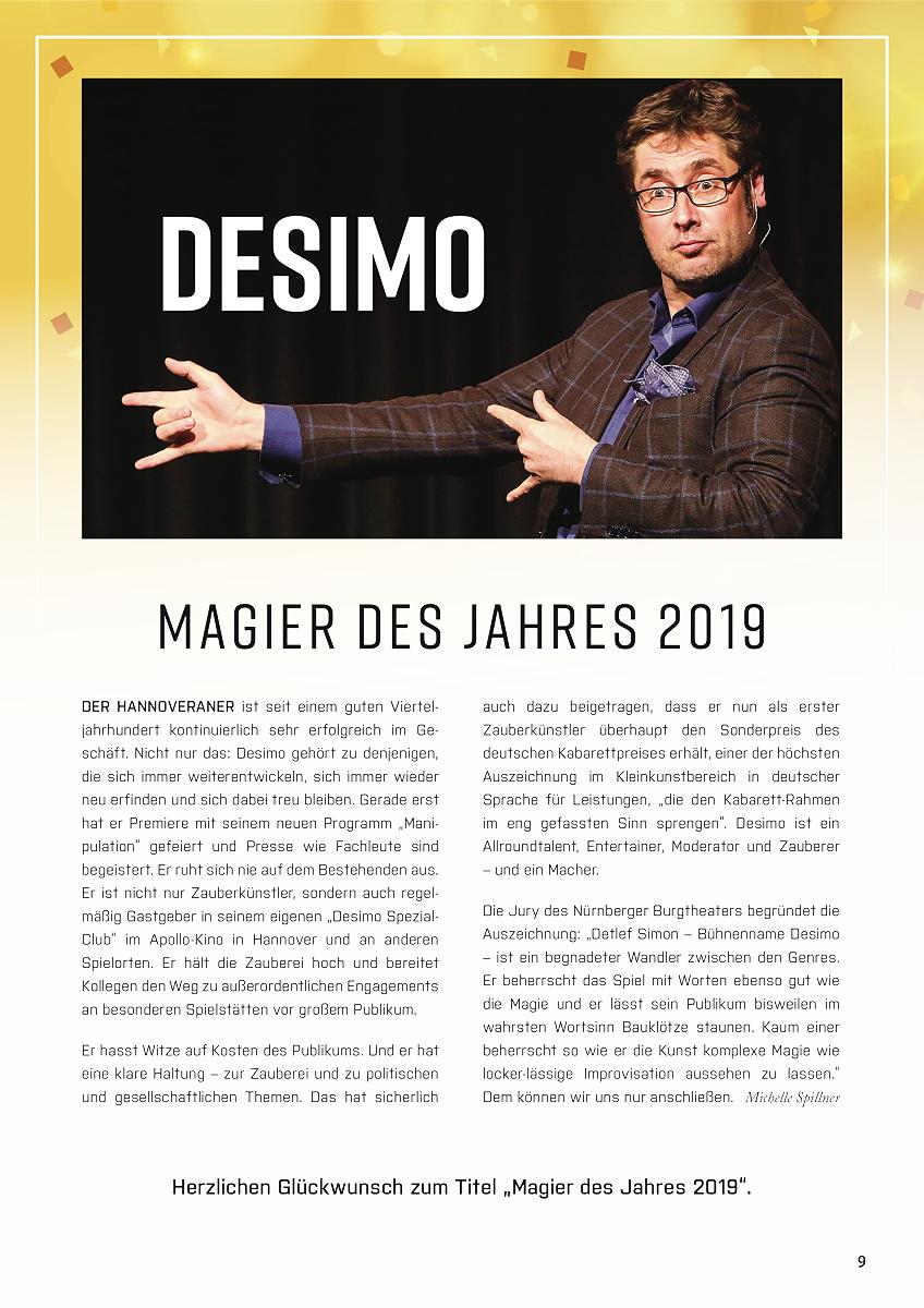 DESiMO aus Hannover, der Magier, Moderator, Entertainer und Vwranstalter ist Magier desJahres 2019!